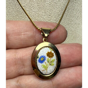 Vintage Guilloché Enamel Oval Floral Locket Necklace w/ 30" Gold Tone Chain